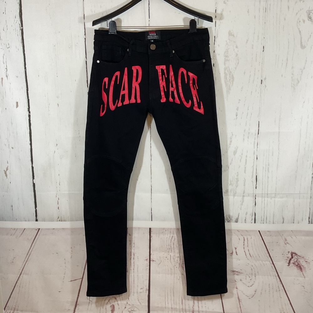 Scarface Reason Mens Jeans Size 36 Black Slim Skinny Streetwear Hip Hop Y2K